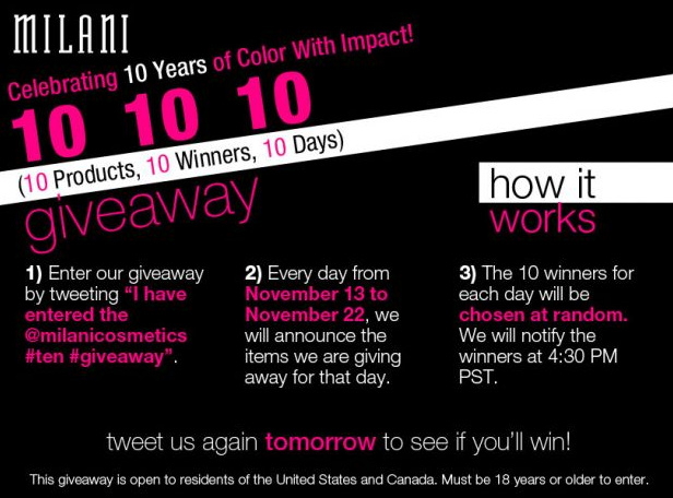 Milani Cosmetics 10 Days of Giveaways on Twitter