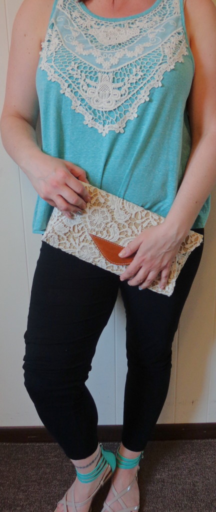 lace clutch, mint and lace outfit